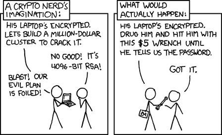 xkcd comic 538: rather than build a million-dollar cluster to crack someone's encryption, an attacker just hits them with a $5 wrench until they hand over the password.